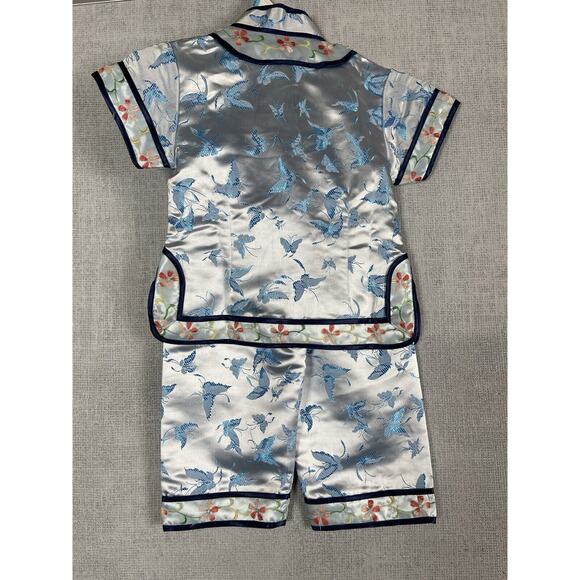 2 Piece Chinese Outfit Toddler Size 2 Blue Embroidered Floral Butterflies NWT - Picture 2 of 15